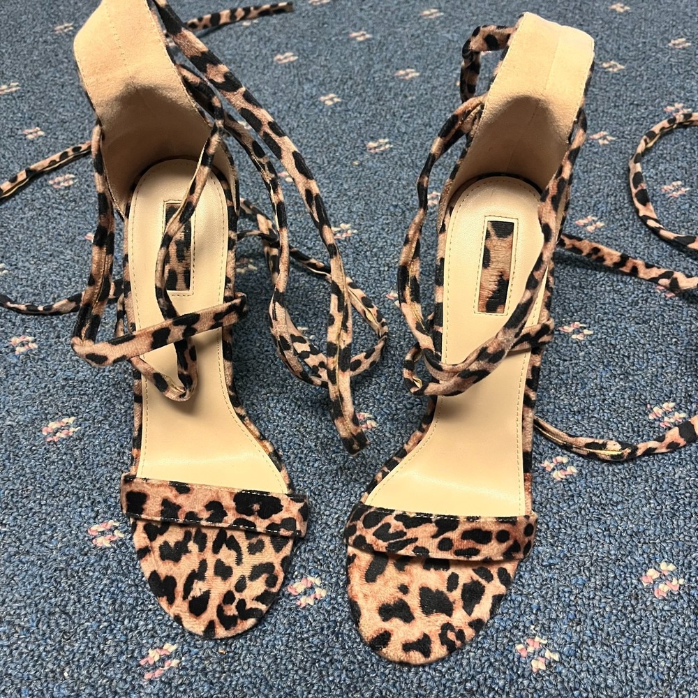 Unbranded High Heel Sz 8.5 Sandals Leopard Open Ankle Strap Leg Tie Wrap Strap